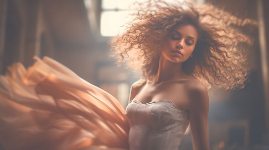 Photographie réaliste d'une belle femme serène aux cheveux marrons en train de danser dans un atelier moderne éclairé. La femme est exprime sa créativité et sa joie